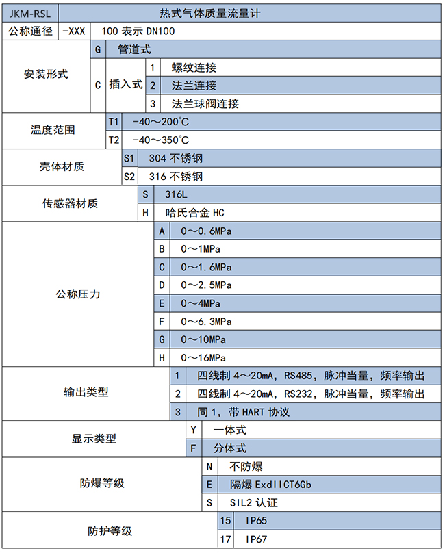 DN125熱式氣體質(zhì)量流量計選項(xiàng)表